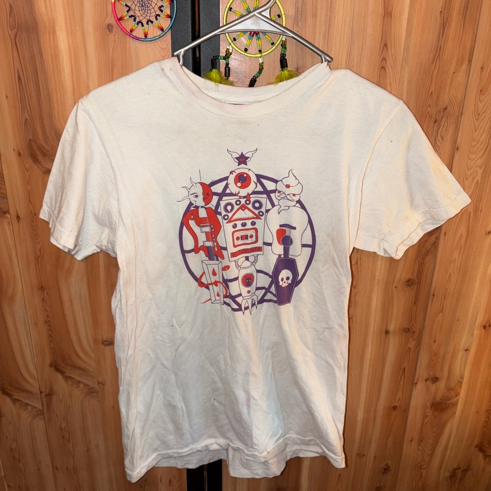 White Graphic Tee with Purple & Red Robot Design